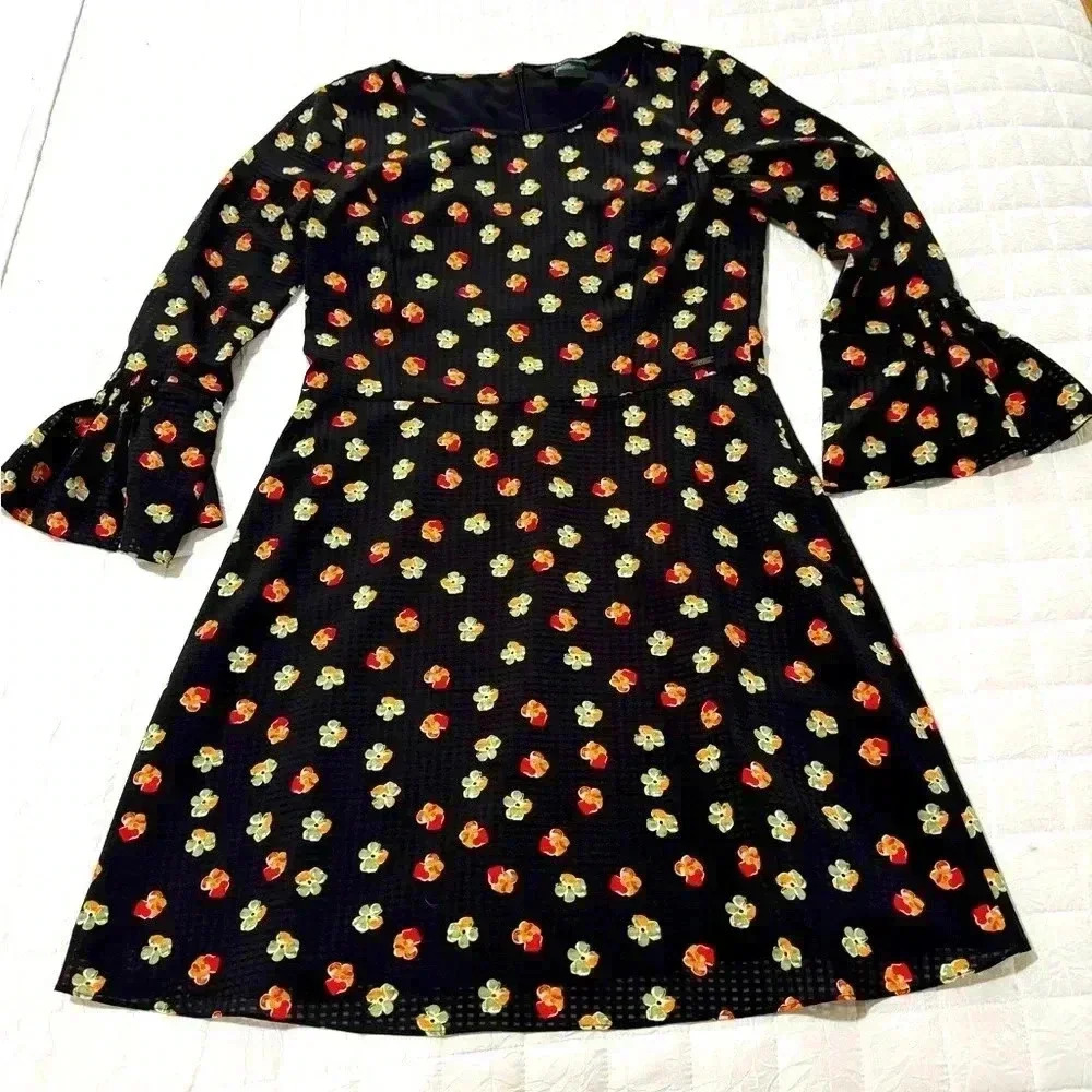 Armani Exchange Black Floral Dress w/ Flared Cuffs - Size 6